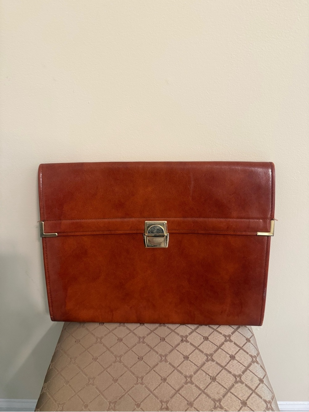 Vintage Cognac Leather Document Portfolio Briefcase Gold Clasp